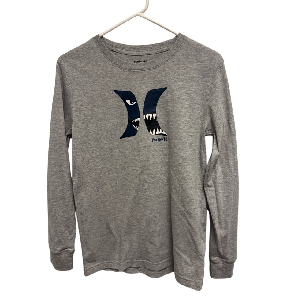Hurley Boys Gray Shark Graphic Long Sleeve Tee Shirt Large 12-13 4325-042